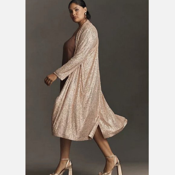 NWT Anthropologie Mare Mare L Sequin Duster Longline Jacket Cardigan Large Rose